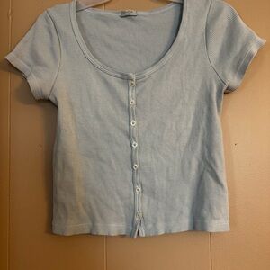 John Galt Light Blue Ribbed Button-Up Crop Top